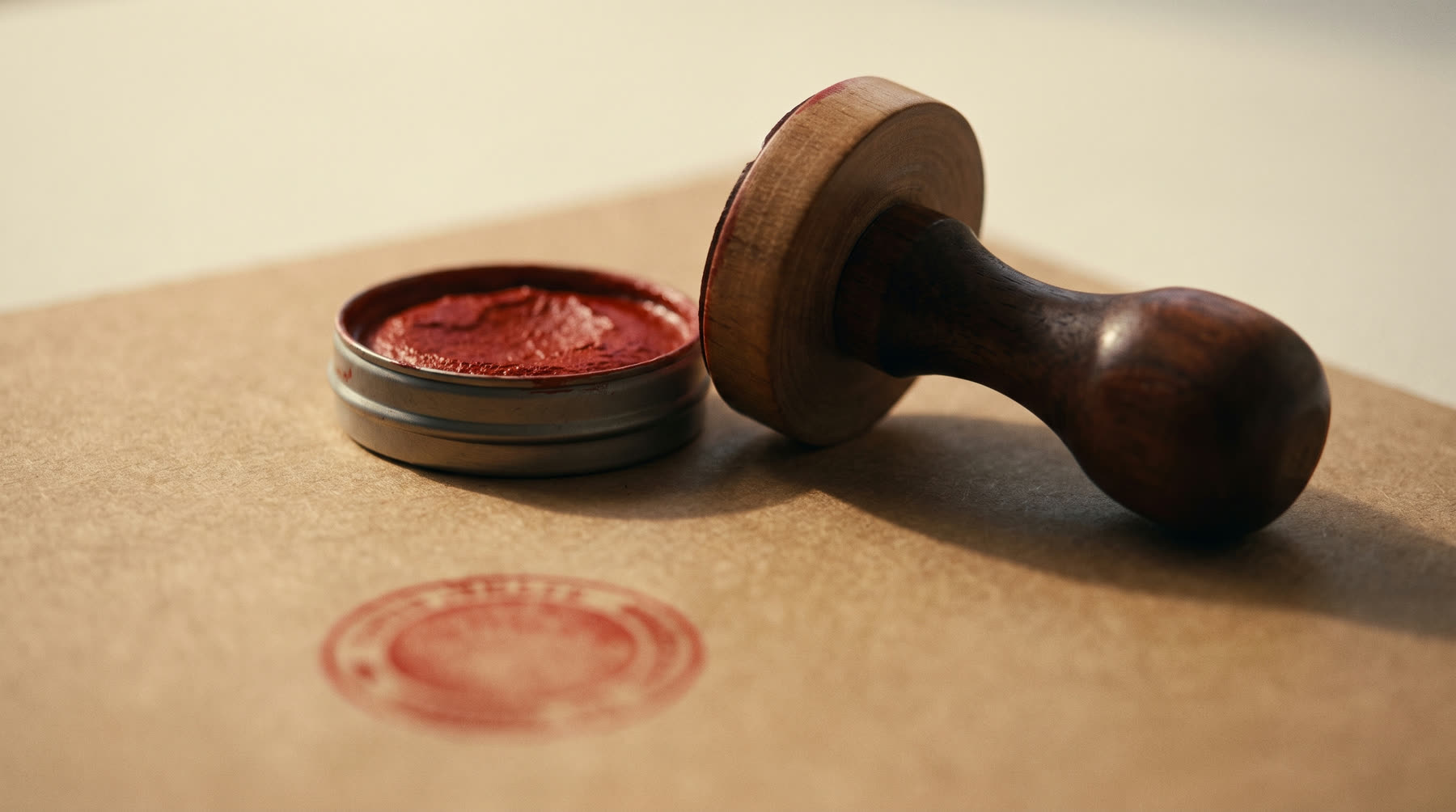 A round company chop and a tin of red ink paste resting on kraft paper, beside a fresh stamped impression.